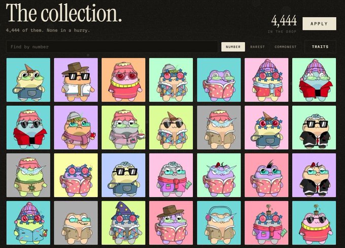 'The collection.' page showing 4,444 NFT items (described as 'None in a hurry') displayed as colorful cartoon frog characters with various accessories and traits, with navigation options for NUMBER, RAREST, COMMONEST, and TRAITS, plus an APPLY button.