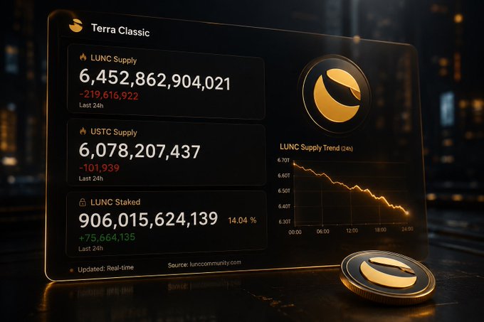 A digital dashboard for 'Terra Classic' displays cryptocurrency statistics including a LUNC Supply of 6,452,862,904,021, a USTC Supply of 6,078,207,437, and a LUNC Staked amount of 906,015,624,139, alongside a 24-hour LUNC trend graph.