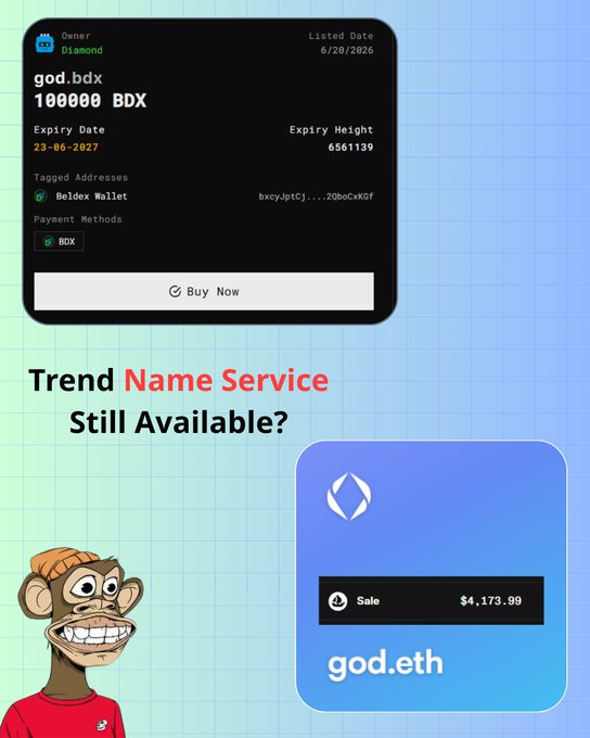 The image features a glowing grotto with a statue of the Virgin Mary praying, surrounded by white roses, blue orchids, and purple flowers, alongside a blue graphic displaying "god.eth" for sale. This visual likely relates to the post by illustrating how crypto wallet addresses are long, unreadable strings—hence the appeal of simpler, human-readable names like "god.eth" instead of a 60-character hash.