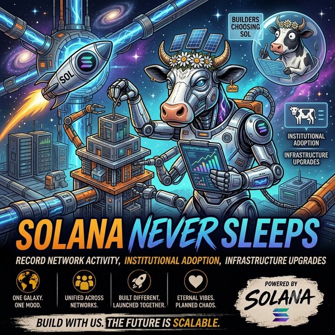 A promotional poster for Solana cryptocurrency featuring a cybernetic cow holding a chart, a rocket labeled SOL, and the tagline 'SOLANA NEVER SLEEPS - RECORD NETWORK ACTIVITY, INSTITUTIONAL ADOPTION, INFRASTRUCTURE UPGRADES' with 'BUILD WITH US. THE FUTURE IS SCALABLE.'