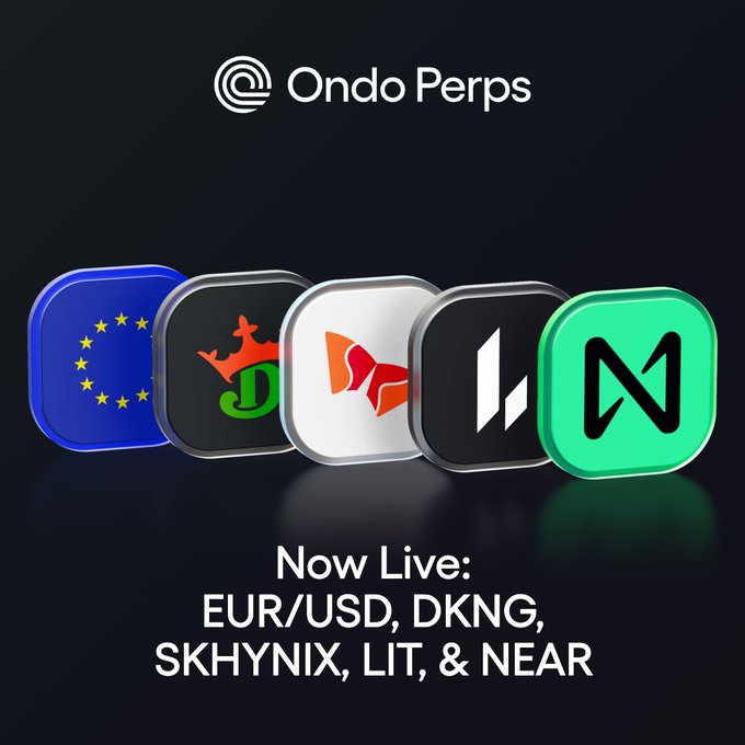 An advertisement for 'Ondo Perps' announcing that 'EUR/USD, DKNG, SKHYNIX, LIT, & NEAR' are now live, displayed with their respective logos.