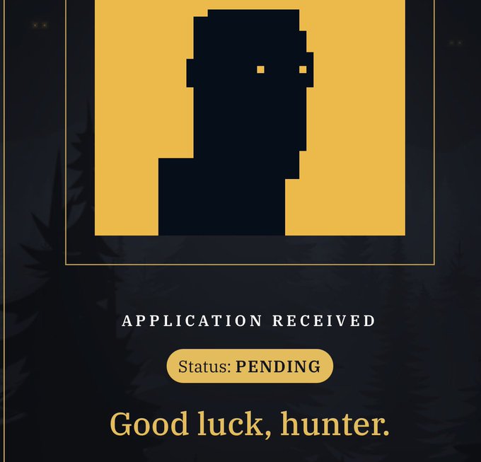 The image displays a pixelated silhouette on a yellow background with the text "APPLICATION RECEIVED," "Status: PENDING," and "Good luck, hunter." It relates to the post by showing a "pending" application status for @BITFOOTS_, which the poster claims means there's no hope of being accepted.