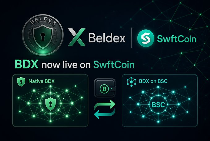 A promotional graphic announcing 'BDX now live on SwftCoin' showing the Beldex cryptocurrency logo with bridging capability between Native BDX and BDX on BSC (Binance Smart Chain).