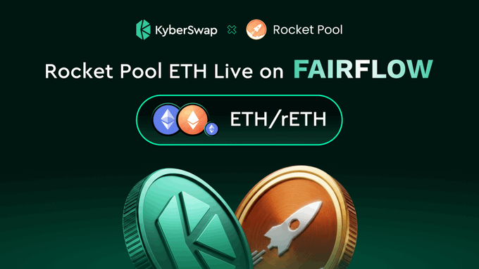 Promotional graphic announcing the launch of the Rocket Pool ETH/rETH liquidity pool on KyberSwap's FairFlow feature, featuring the KyberSwap and Rocket Pool logos alongside the ETH/rETH pair and stylized 3D coin illustrations representing both cryptocurrencies.