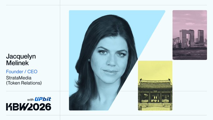 A speaker profile graphic for Jacquelyn Melinek, Founder/CEO of StrataMedia (Token Relations), at KBW2026 with UPbit branding.