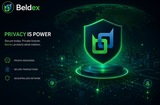 A promotional banner for Beldex features its green and blue logo shield over a glowing platform, with the tagline "PRIVACY IS POWER" and bullet points highlighting "PRIVATE MESSAGING," "SECURE TRANSACTIONS," and "DECENTRALIZED NETWORK." The imagery visually reinforces the post's emphasis on Beldex as a privacy-first ecosystem within Web3.