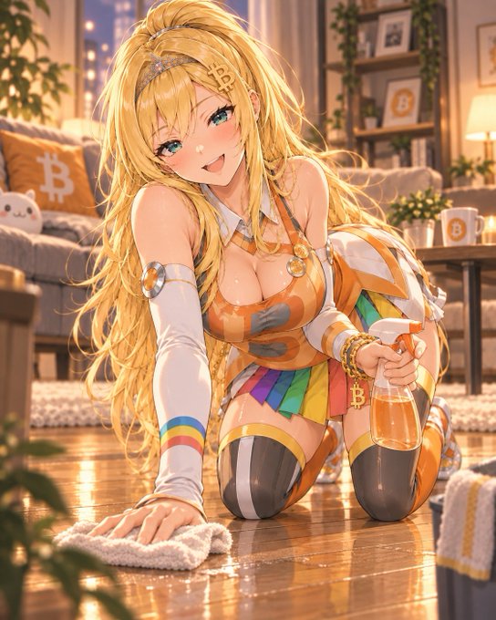 Anime-style illustration of a blonde character in a colorful Bitcoin-themed outfit kneeling on a wooden floor with a spray bottle and cloth.