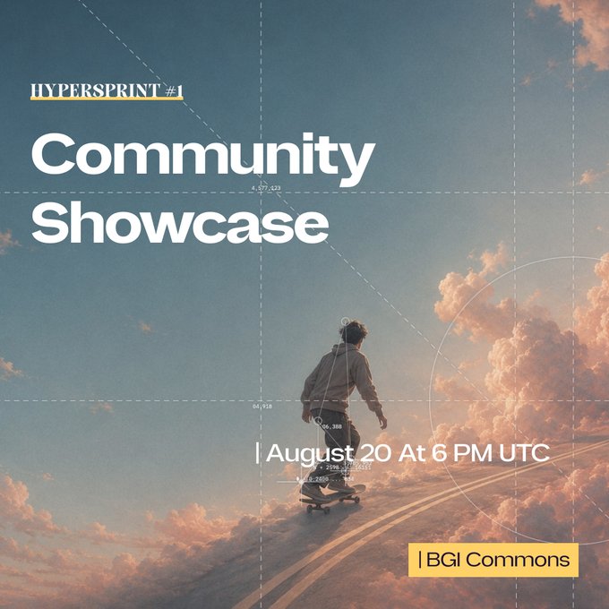 A promotional graphic for "HyperSprint #1 Community Showcase" featuring a skateboarder viewed from behind against a backdrop of clouds and sky, with overlay details reading "August 20 At 6 PM UTC" and "BG | Commons," matching the post's announcement of the event where community participants will present projects built using SingularityNET and ASI Alliance technologies.