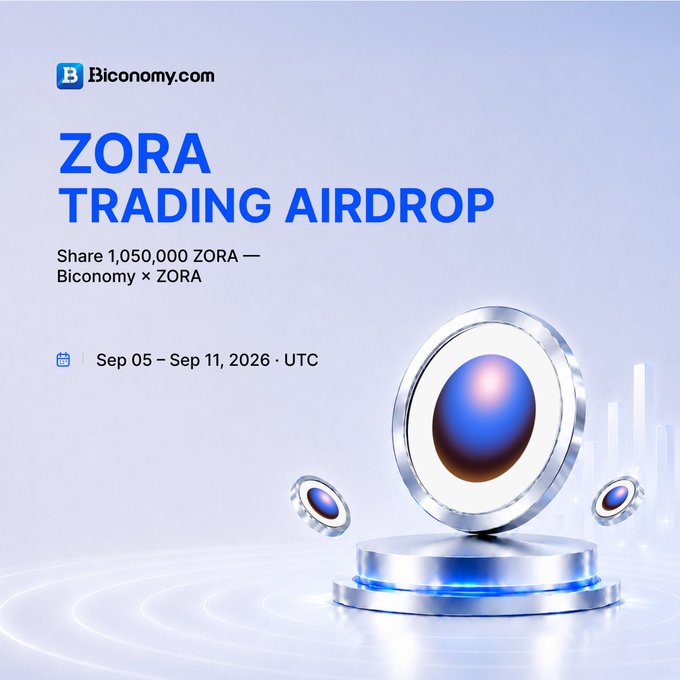Biconomy.com advertisement for 'ZORA TRADING AIRDROP' sharing 1,050,000 ZORA tokens from Sep 05 – Sep 11, 2026 UTC, featuring 3D rendered Zora token graphics.