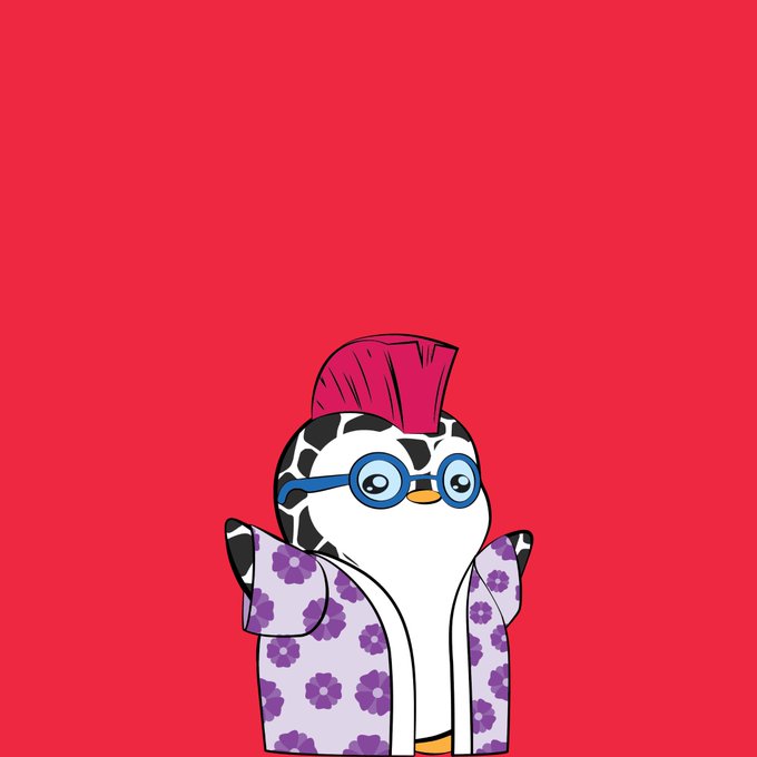 An illustration of a penguin-like character with a pink crest, wearing blue glasses and a purple floral patterned shirt against a solid red background.