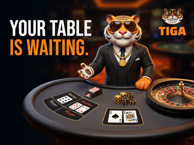 A promotional graphic featuring a 3D cartoon tiger mascot in a black suit and sunglasses at a casino table with a roulette wheel and baccarat layout, with text reading 'YOUR TABLE IS WAITING.' and 'TIGA'.