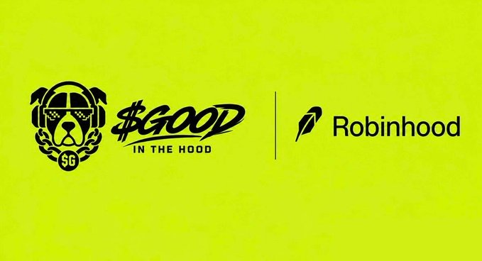 The image displays a vibrant green gradient background featuring two logos side by side, separated by a thin vertical line: "$GOOD IN THE HOOD" with a stylized dog wearing pixelated sunglasses and headphones on the left, and the "Robinhood" logo with its iconic feather icon on the right. The graphic serves as a celebratory partnership visual marking Robinhood Chain's $1B TVL milestone, tying together the $GOOD community's congratulatory message with Robinhood's brand identity.