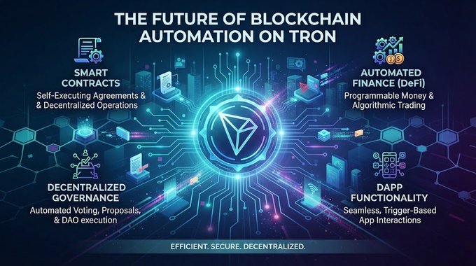 A futuristic digital graphic titled 'THE FUTURE OF BLOCKCHAIN AUTOMATION ON TRON' highlighting Smart Contracts, Automated Finance (DeFi), Decentralized Governance, and DApp Functionality around a central TRON logo.