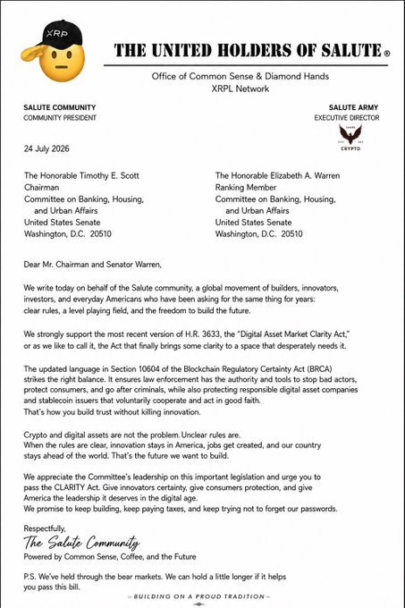 A letter dated July 24, 2026, from "The United Holders of Salute" addressed to Chairman Timothy Scott and Senator Elizabeth Warren expresses strong support for H.R. 3633, the "Digital Asset Market Clarity Act," praising its SEC and CFTC regulatory updates, and urges Congress to pass the legislation.