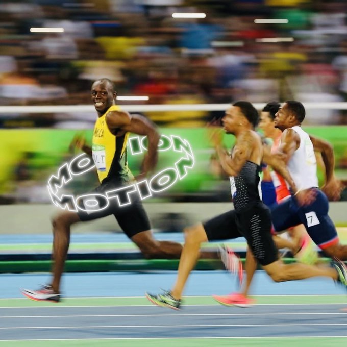 Usain Bolt and other sprinters race on a blue track during what appears to be the Rio Olympics, with 'McLOOP MOTION' overlaid in stylized white text across the blurred, action-shot image.