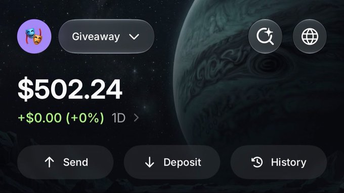 A crypto wallet interface shows a "Giveaway" account with a balance of $502.24 and +$0.00 (+0%) 1D change, featuring Send, Deposit, and History buttons against a space-themed background with a planet. The image serves as proof of funds for the "$500 Sol Giveaway (5 winners)" promotion requiring follows, retweets, likes, and comments with addresses.