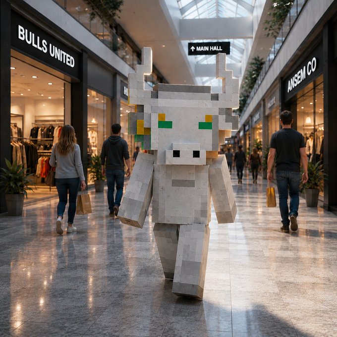 A person in a large blocky white costume with horn-like protrusions and green eyes walks through a shopping mall, with store signs reading 'BULLS UNITED', 'MAIN HALL', and 'ANSEM CO' visible.