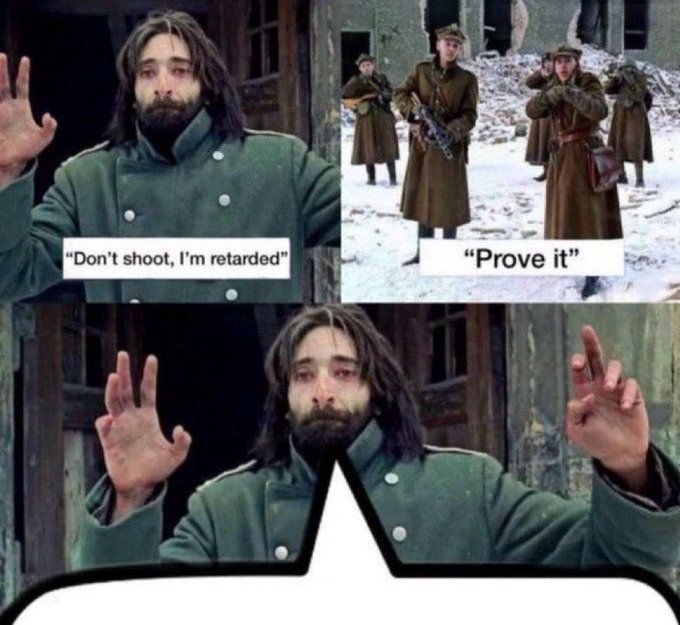 This meme uses a scene from "The Pianist" with Brody's character claiming to be "retarded" to survive, juxtaposed with soldiers demanding he "Prove it" and Brody's character then using hand gestures as proof. The image implies that Bitcoin, like the character's perceived intellect, is something that can be proven to exist and be owned, unlike other assets.