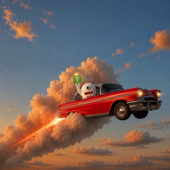 A small white character waves from a rocket-boosted classic red sedan soaring across sunset clouds, holding a green "T" sign that represents the HTX exchange mentioned in the giveaway post. The image captures the "luck is up to you" theme, visually launching the contest into the sky.