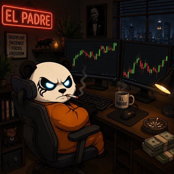 A cartoon panda wearing an orange prison jumpsuit sits in a dark office smoking a cigarette, with dual monitors showing stock charts, an "EL PADRE" neon sign, and stacks of cash visible.