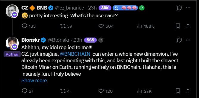 The image shows an X (formerly Twitter) exchange where Binance founder CZ (@cz_binance) responds "pretty interesting. What's the use case?" to user @Blonskr, who excitedly mentions building "the slowest Bitcoin Miner on Earth" running on @BNBCHAIN. The post about the TapeOut Protocol—with its new English support, secondary circuit market, and upcoming mineable coin launching with zero team allocation—directly addresses CZ's "use case" question by showcasing a tangible application and token economy on BNB Chain.