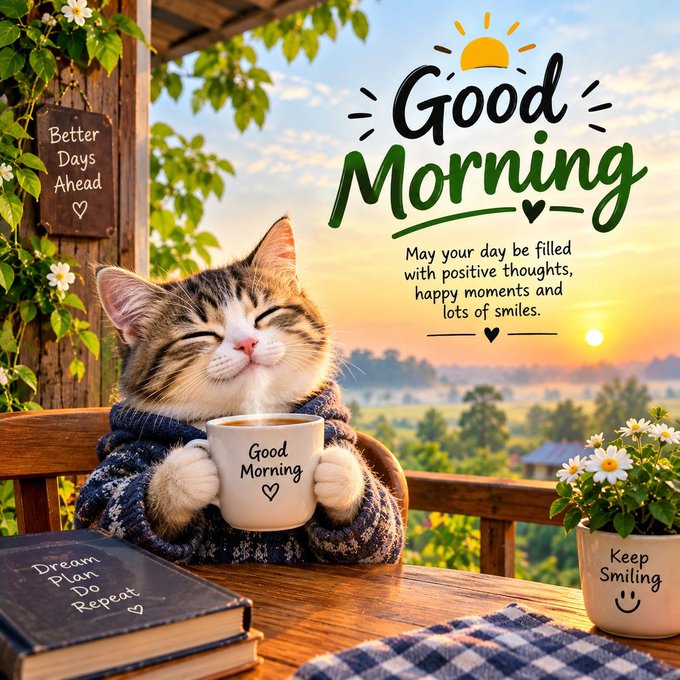 A cheerful 'Good Morning' graphic showing a smiling tabby cat in a blue sweater holding a coffee mug, surrounded by text like 'Better Days Ahead', 'Dream Plan Do Repeat', and 'Keep Smiling'.