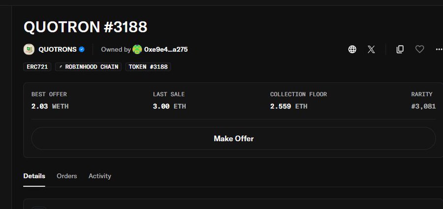 An NFT marketplace listing for QUOTRON #3188 from the QUOTRONS collection on Robinhood Chain, showing a best offer of 2.03 WETH, last sale of 3.00 ETH, collection floor of 2.559 ETH, and rarity #3,081, owned by 0xe9e4...a275.