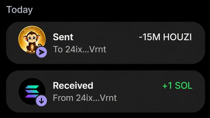 A transaction history showing "Sent -15M HOUZI To 24ix...Vrnt" and "Received +1 SOL From 24ix...Vrnt," which appears to represent a token claim or swap exchange related to the $HOUZI presale promotion.