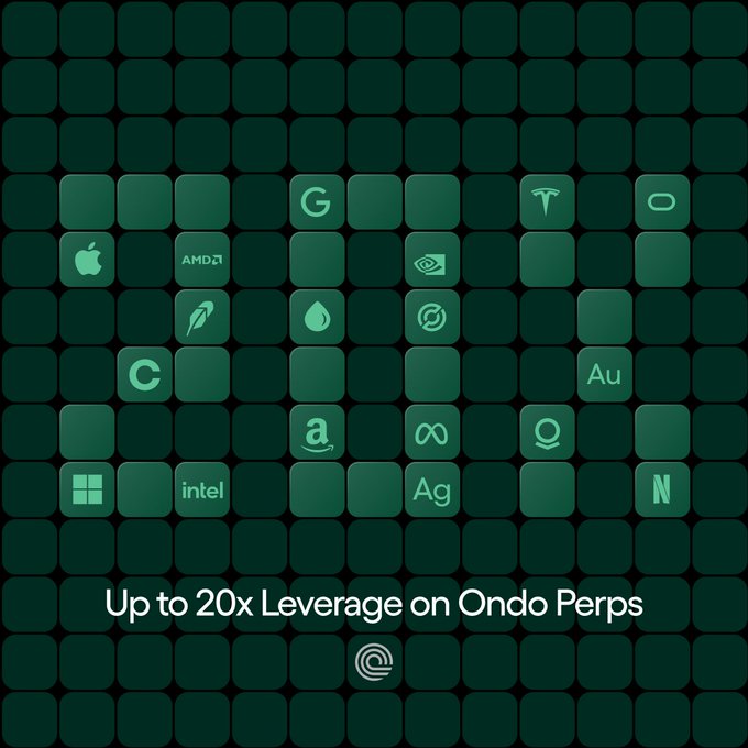 The image shows a square grid of green tiles that represent different companies such as Apple, Intel, Tesla, Amazon, and Oracle. Each company has its own symbol or icon printed on it for easy identification. The text below the images mentions an upcoming event called "Up to 20x leverage on RWAs" where investors can trade exposure to high-demand assets with up to 20x leverage and 24/7/365 access.