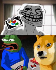 A troll face meme holds a price chart next to a horrified Pepe and a stunned Shiba Inu, illustrating the chaotic "Day 298 of posting $Troll til we hit 6.9 Billion" rally attempt.