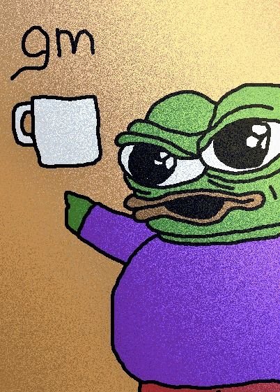 A cartoon drawing of a green frog-like character holding a white mug, with the text 'gm' written in the upper left corner.