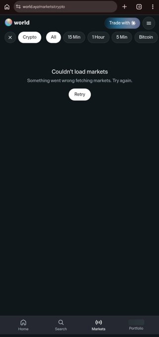 A mobile screenshot of a cryptocurrency website (world.xyz/markets/crypto) displaying an error message: 'Couldn't load markets. Something went wrong fetching markets. Try again.' with a Retry button.