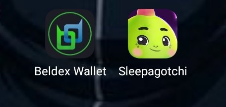 Two app icons are displayed: 'Beldex Wallet' (a green and blue geometric logo) and 'Sleepagotchi' (a smiling green juice bottle character).