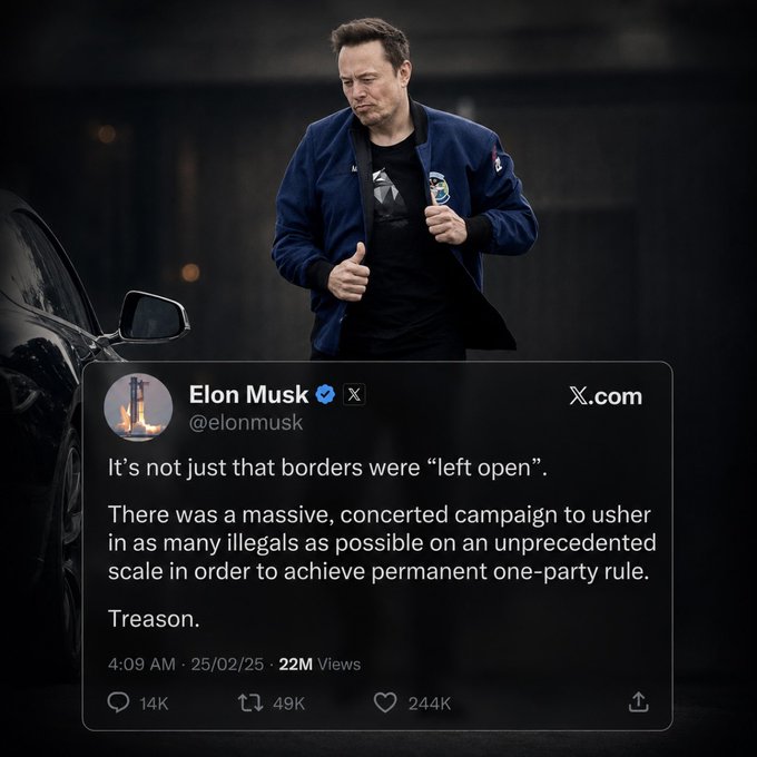 The image shows a post by Elon Musk on X.com, @elonmusk, stating "It's not just that borders were 'left open'. There was a massive, concerted campaign to usher in as many illegals as possible on an unprecedented scale in order to achieve permanent one-party rule. Treason." This aligns with the post's claim that "Elon Musk was right about everything."