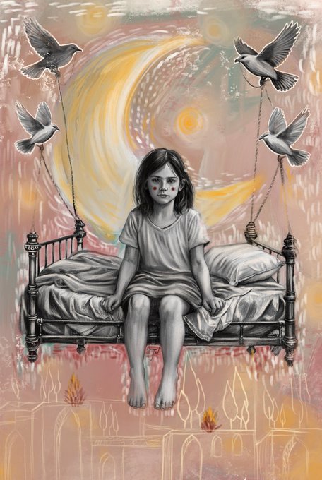 A surreal illustration shows a young girl sitting on a floating metal bed frame, surrounded by four flying birds, with a swirling sun and flame-like patterns decorating the abstract background.