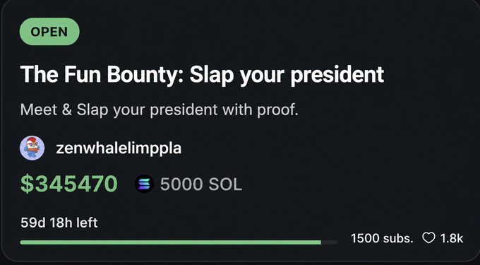 The image shows a post that says "The Fun Bounty: Slap your president with proof". The post also mentions that there are 5001 $SOL raised for this purpose, which indicates that the fundraiser has already been successful. The post includes details about meeting and messaging the president to discuss the issue of raising funds for it.