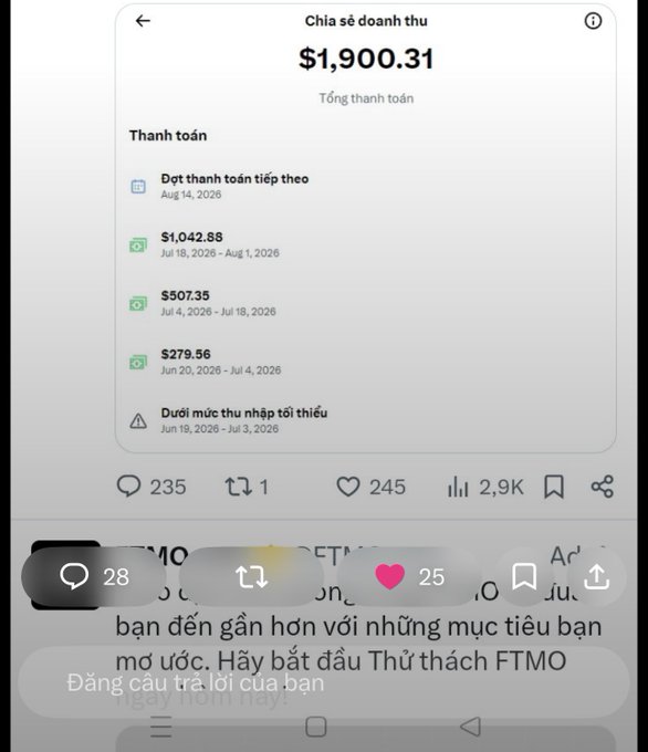 A screenshot of a revenue share screen showing a total payment of $1,900.31, with breakdown amounts for different payment periods, overlaid with social media engagement icons.