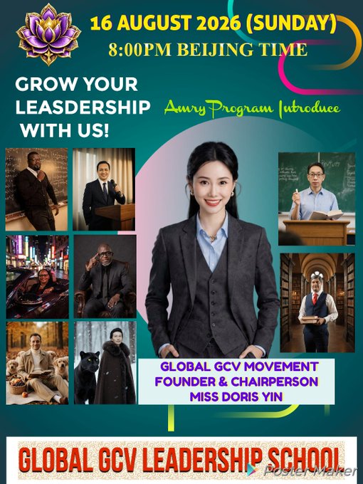 A promotional flyer for a 'Global GCV Leadership School' event on 16 August 2026 at 8:00PM Beijing Time, featuring Miss Doris Yin as the Founder & Chairperson.