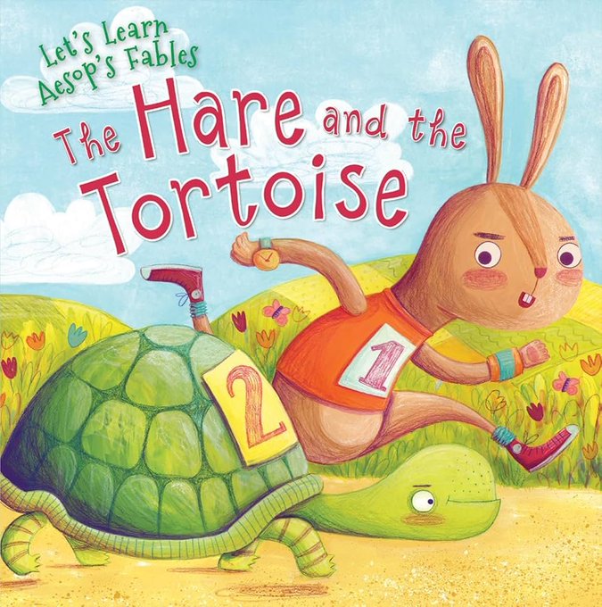 The image features a cartoon rabbit with a number one on his shirt, running alongside a green turtle. The scene takes place outdoors, with a field of flowers visible behind them. The title "Let's Learn Aesop's Fables" is written above the rabbit and the turtle, indicating that this book is about stories from Aesop's Fables.