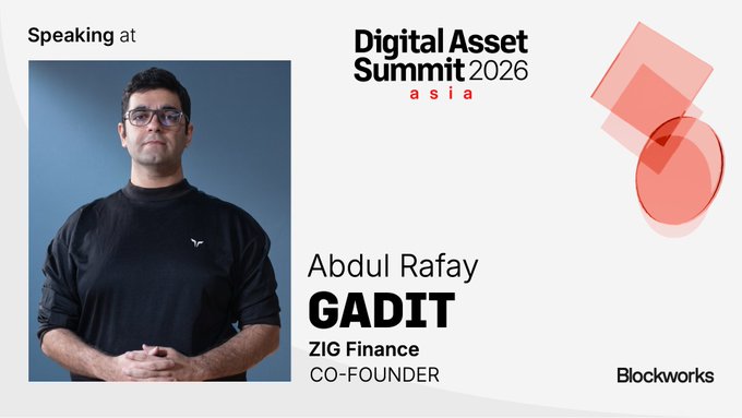 A promotional graphic for 'Digital Asset Summit 2026 asia' featuring a speaker photo of Abdul Rafay Gadit, Co-Founder of ZIG Finance.