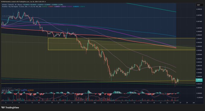 A TradingView 4-hour USDT chart of VeChain (VET/USDT) is displayed, showing a steep downtrend from ~0.0529 to ~0.0440 with multiple moving averages (5, 10, 20, 30, 60, 120, 200 SMA/EMA) overhead and a highlighted supply zone near 0.0466–0.0491, supporting the poster's hopeful "bottom in?" sentiment for #VeFam.
