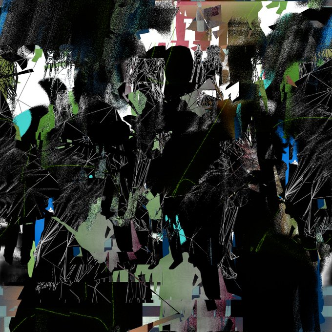 An abstract, glitch-style digital artwork featuring chaotic black shapes, intersecting lines, and fragmented patches of green, blue, and earth tones.