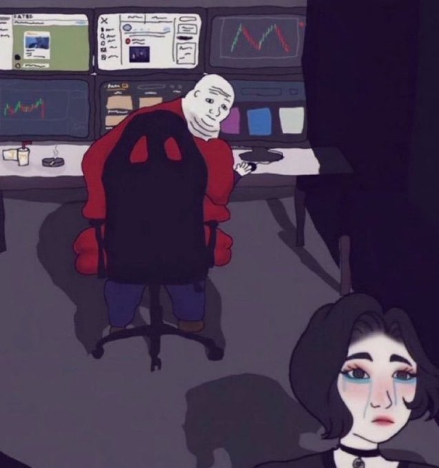 The image depicts a cartoon scene of a hooded figure sitting in front of multiple computer monitors showing stock/crypto charts, with a sad woman looking on in the foreground. The accompanying caption humorously illustrates a man neglecting his relationship because he's investing all his money (and emotional energy) into cryptocurrency.