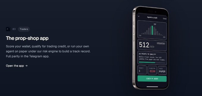 A webpage advertisement for 'The prop-shop app' on Telegram, showing a phone displaying a trading interface with a balance of 512 and '60 POINTS TO QUALIFY'.