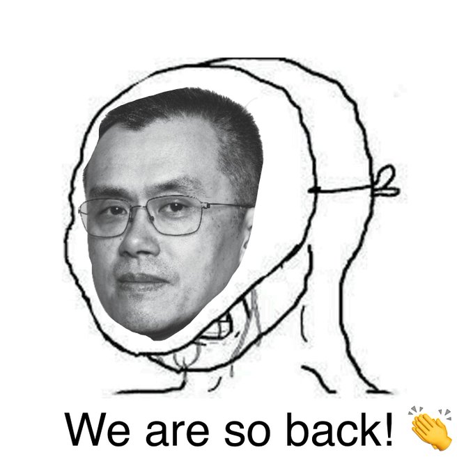A black-and-white photo of an Asian man wearing glasses has been crudely edited into a cartoonish hooded sweatshirt drawing, with the caption "We are so back! 👏" below, humorously celebrating a return or comeback in meme style.