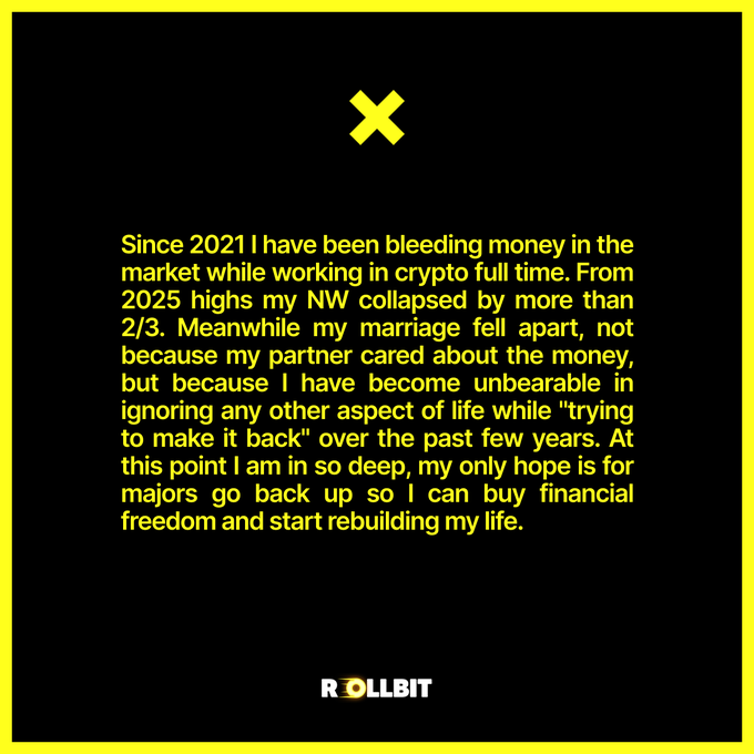 The image features a black background with yellow text describing someone who has lost more than 2/3 of their net worth since 2025 while working in crypto full-time, leading to their marriage falling apart—with the "ROLLBIT" logo at the bottom, relating to the post's reflection on becoming "unbearable" due to financial obsession.