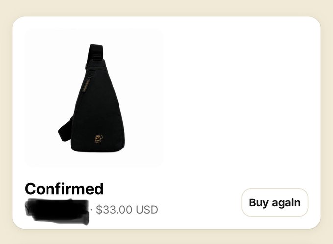 A screenshot of a $33.00 USD purchase confirmation for a black sling bag featuring a small Mutant Ape embroidered logo. The image aligns with the post's excitement about securing a special edition bag from the Mutant Ape community, serving as proof of the successful buy.