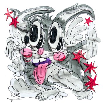 A stylized, sketchy cartoon illustration of a wide-eyed creature with a pink tongue hanging out, surrounded by red stars.