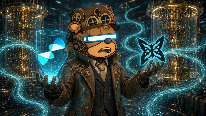 A steampunk-styled bear mascot wearing a top hat adorned with gears and glowing blue visor goggles stands against a futuristic backdrop of illuminated quantum computing chambers with swirling teal energy streams, holding a glowing blue infinity symbol in one hand and a stylized "K" emblem in the other, visually representing the Quantum Echoes NFT minting process mentioned in the Quip Network post.