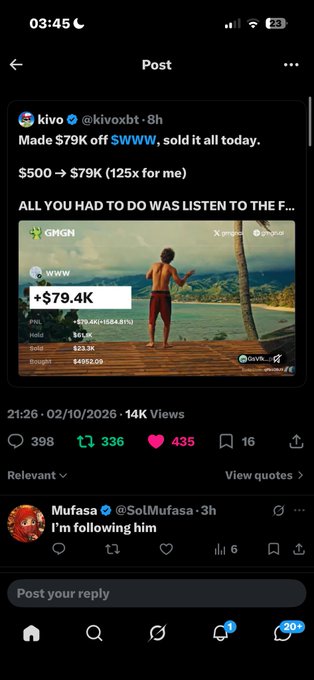 A screenshot of a social media post on X (formerly Twitter) by user @kivoxbt celebrating making $79K off $WWW, showing a meme of a person on a dock with a +$79.4K profit.